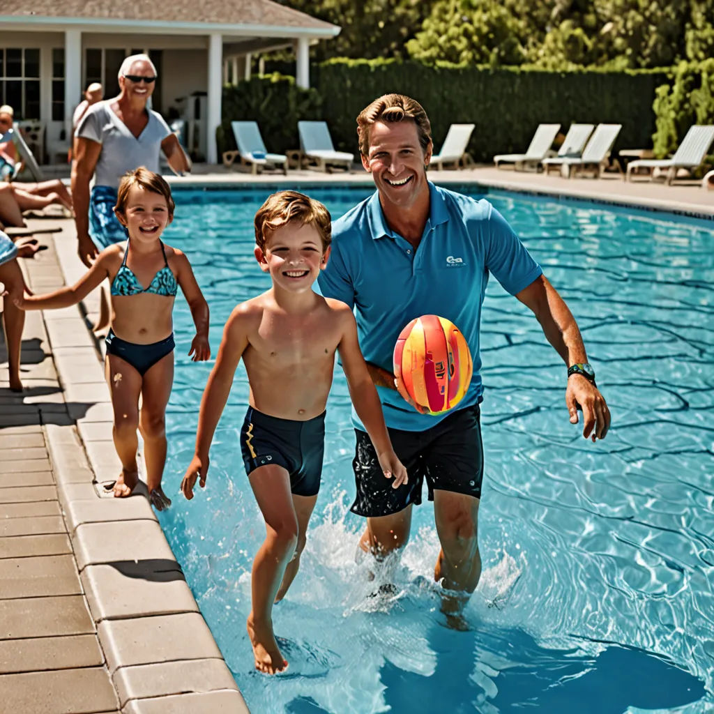 a man and two children are playing with a ball in a pool with a pool side house in the background, american impressionism, a stock photo, Eric Zener, promotional image