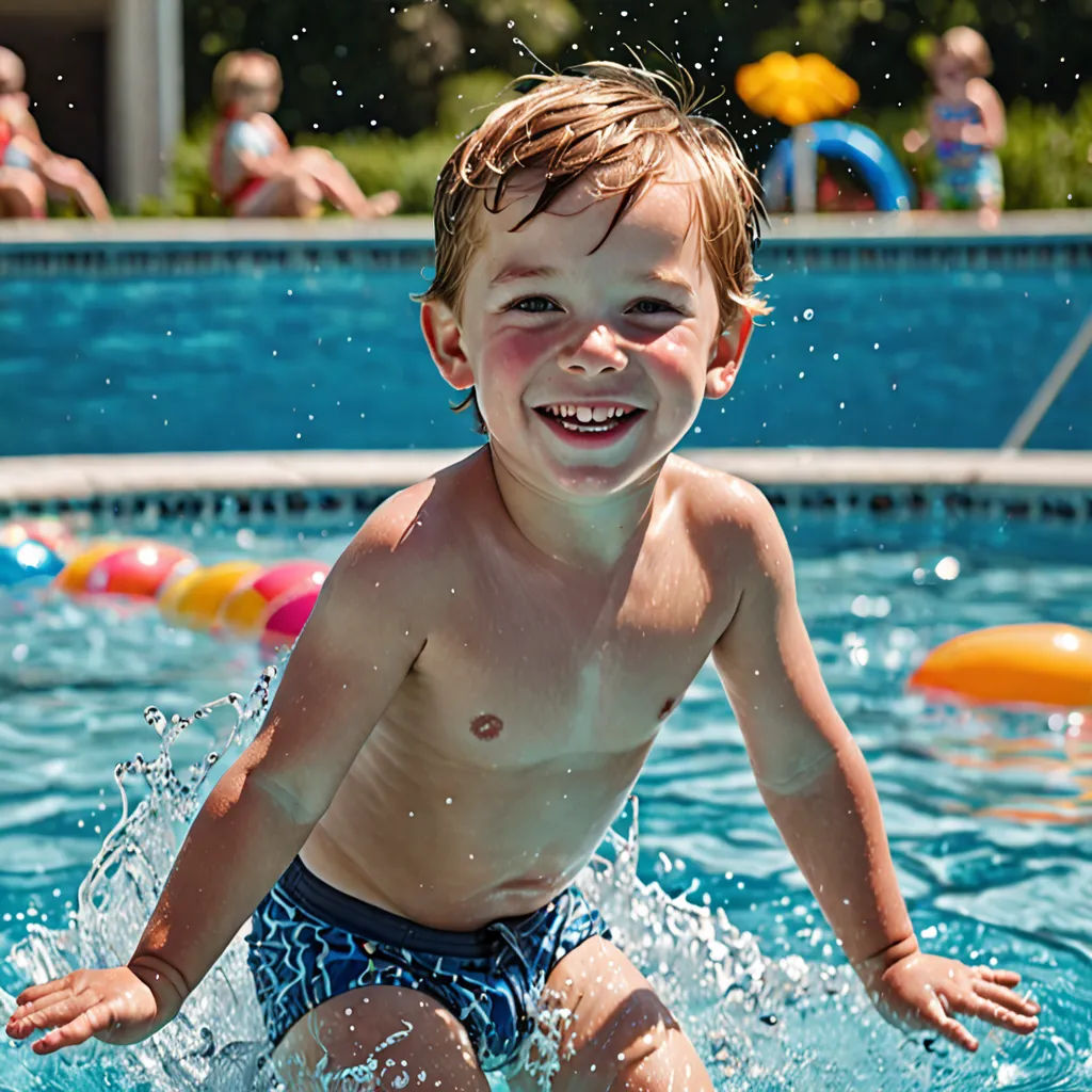 a young boy is playing in a pool with a frisbee and water toys in it's mouth, neoplasticism, a stock photo, Eric Zener, summer