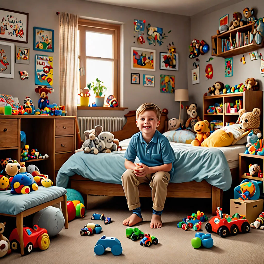 a young boy sitting on a bed surrounded by toys in a bedroom with a window and a teddy bear, neoplasticism, a storybook illustration, Ben Thompson, portrait photography