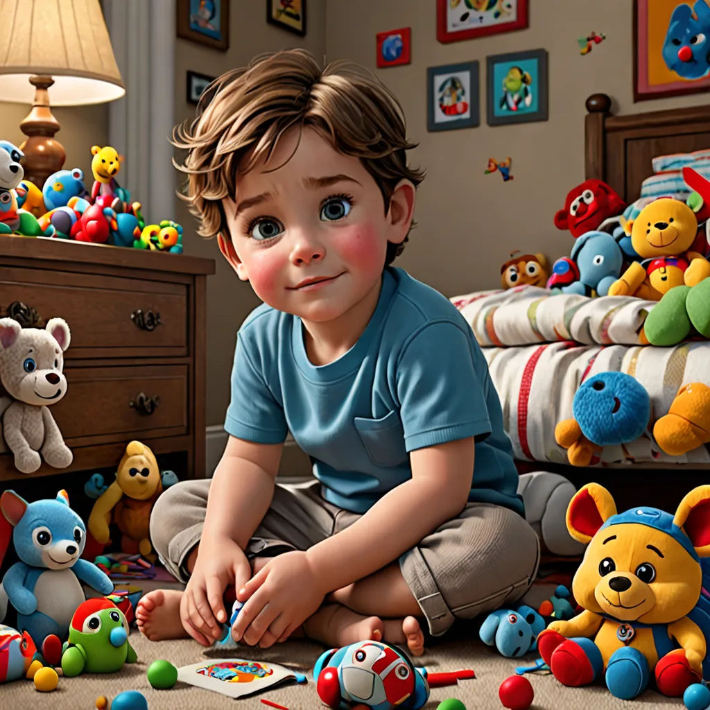 a boy sitting on the floor surrounded by toys and stuffed animals in a bedroom with a bed and dresser, photorealism, a photorealistic painting, Chris LaBrooy, cgstudio