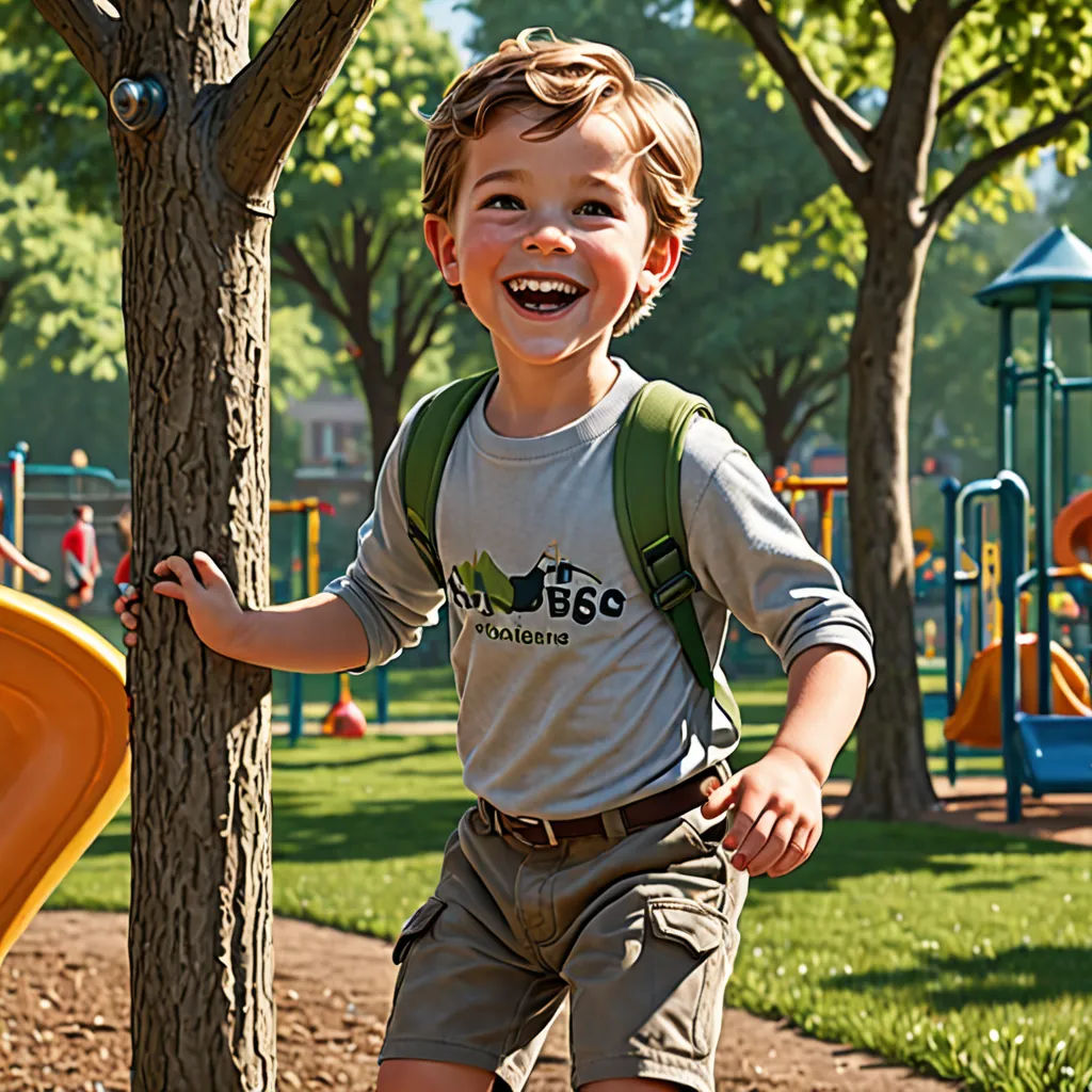 a young boy is standing in the park near a tree and a playground equipment set up behind him and smiling, paris school, a stock photo, Christian Hilfgott Brand, promotional image