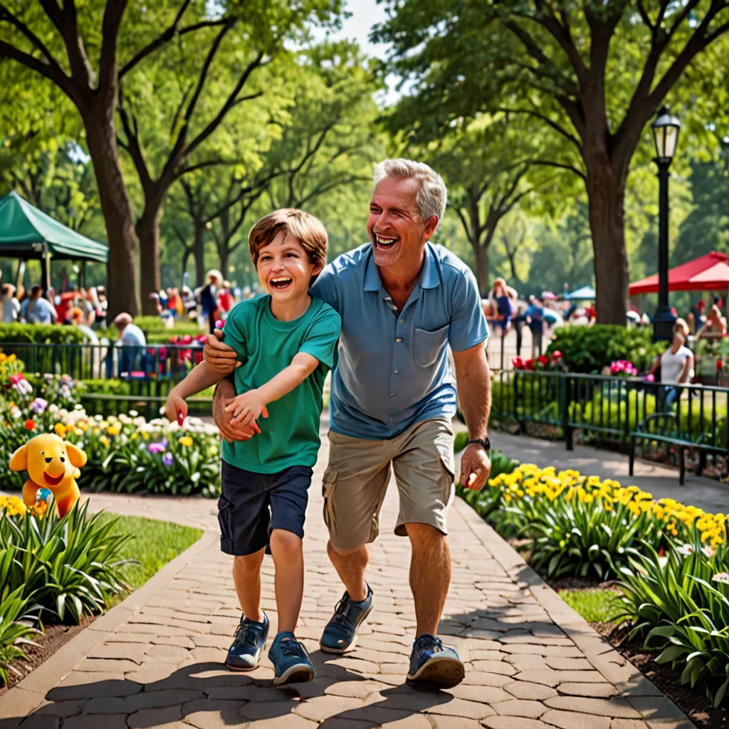 a man and a boy are playing in a park with flowers and trees in the background and people in the background, american impressionism, a stock photo, disney, promotional image