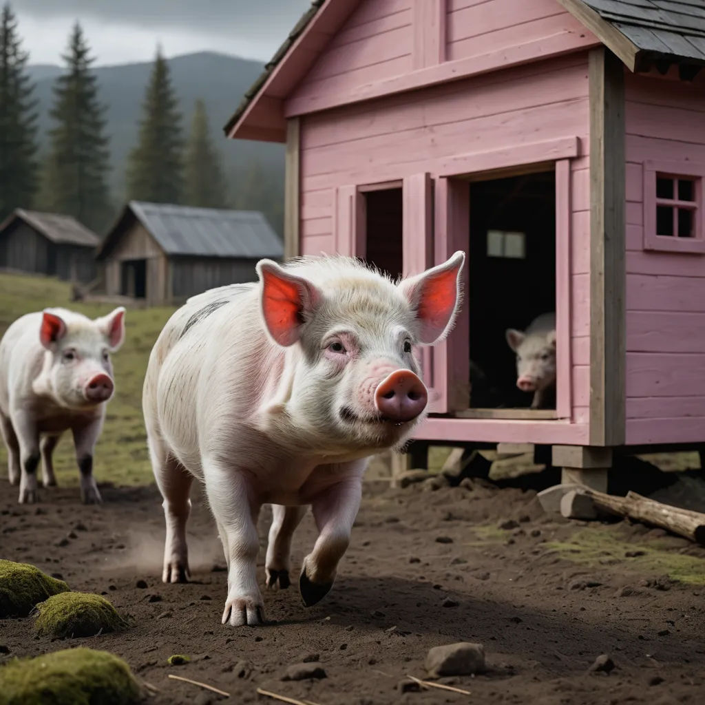 two pigs walking towards a pink house on a farm with a pink roof and two pigs in the background, photorealism, a detailed matte painting, Chris LaBrooy, award - winning photography