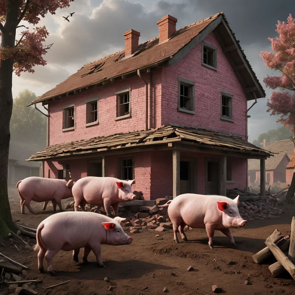 a group of pigs walking in front of a pink house with a pink roof and a pink tree in front of it, american realism, a detailed matte painting, Chris LaBrooy, vray render