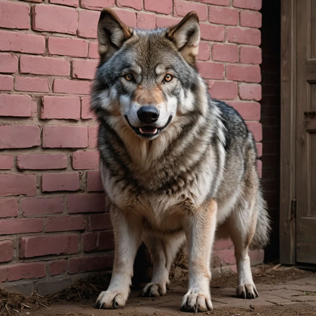 a wolf standing next to a brick wall with a door in the background and a door in the foreground, furry art, a character portrait, Caspar Wolf, animal photography