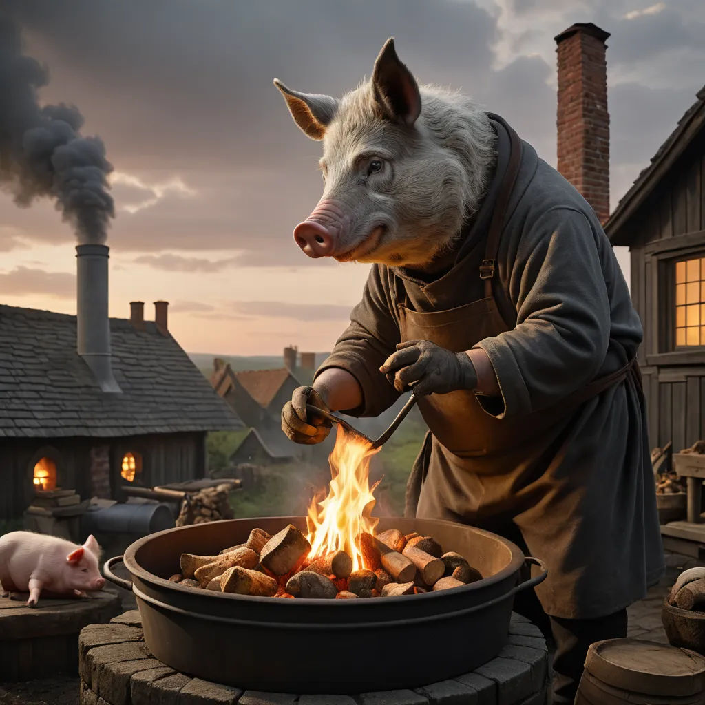 a pig is cooking food on a grill outside at dusk with a pig in the background and a pig in the foreground, fantastic realism, a detailed matte painting, Chris LaBrooy, weta digital