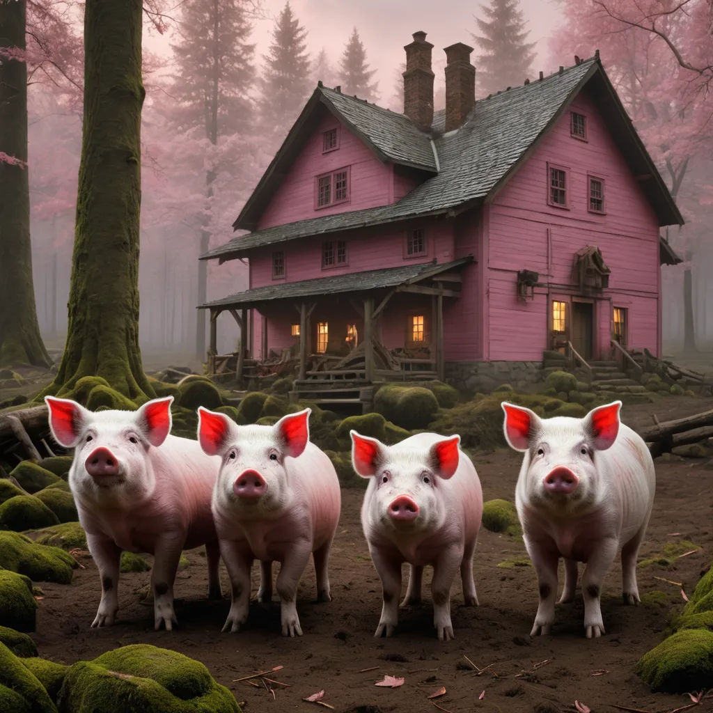 a group of pigs standing in front of a pink house with red ears on their ears and a pink roof, magical realism, a detailed matte painting, David Martin, surreal photography