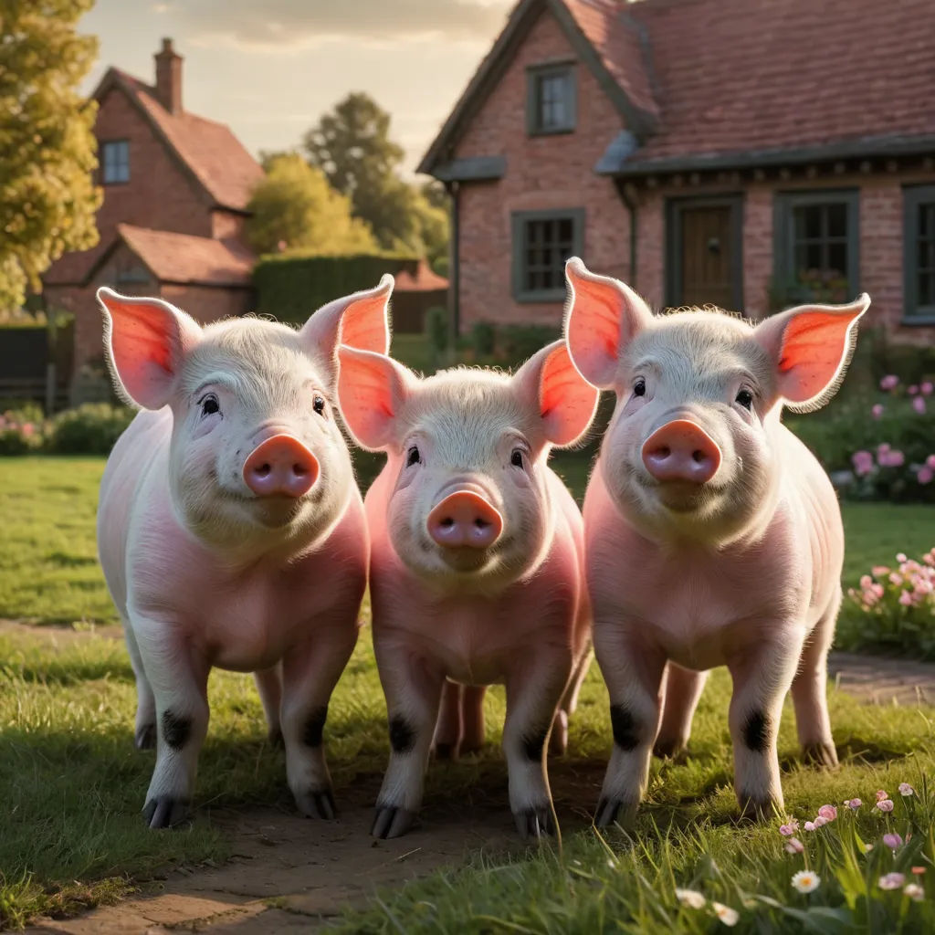 three pigs standing in the grass near a house and flowers in the background, with a pink pig in the foreground, photorealism, a photorealistic painting, Beatrix Potter, animal photography