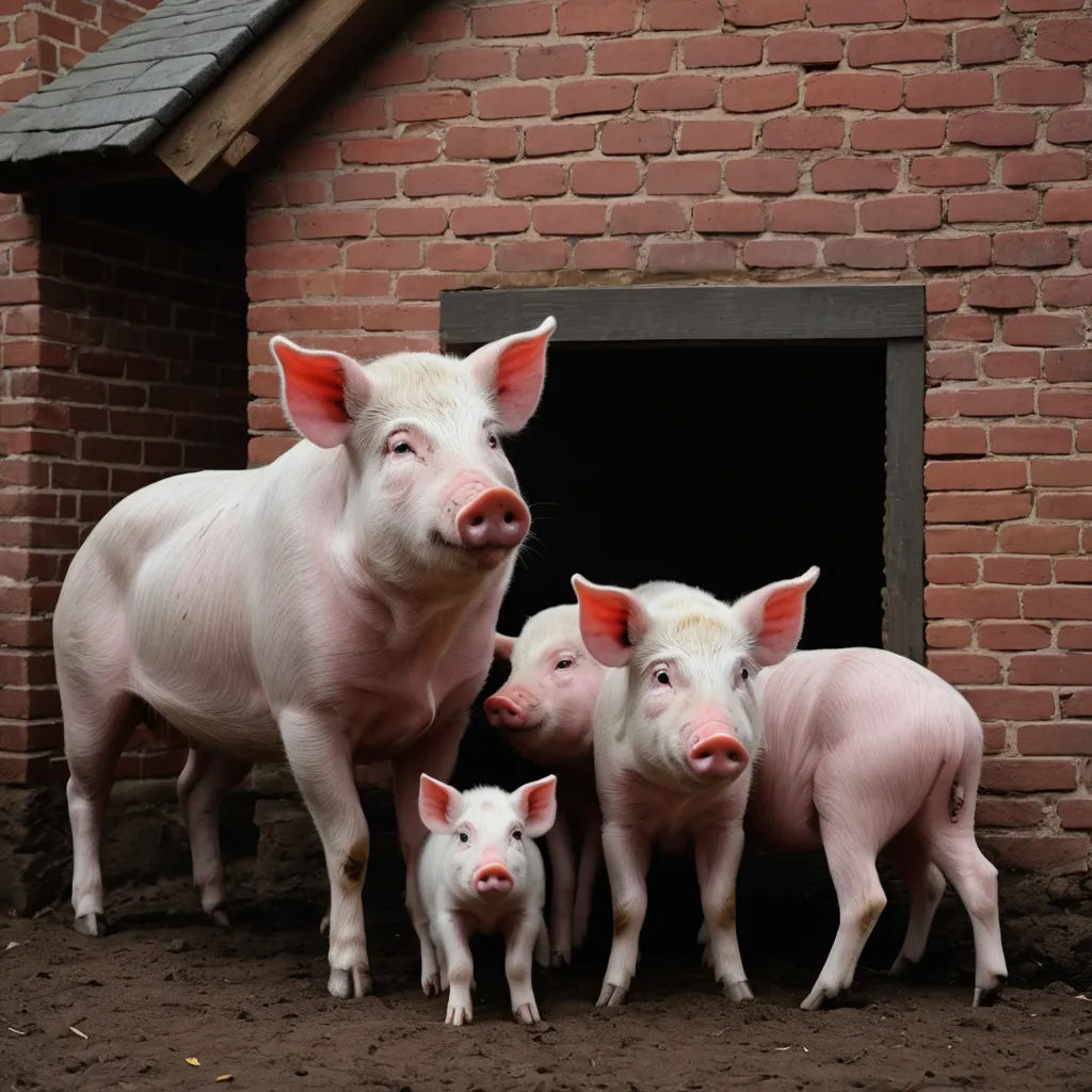 a group of pigs standing next to a brick building with a small pig in the doorway of it's doorway, incoherents, a flemish Baroque, Clovis Trouille, animal photography