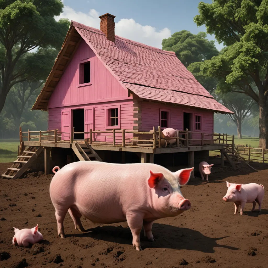 a pig and her two babies in front of a pink house with a pink roof and a pink pig, american scene painting, a detailed matte painting, Chris LaBrooy, vray render