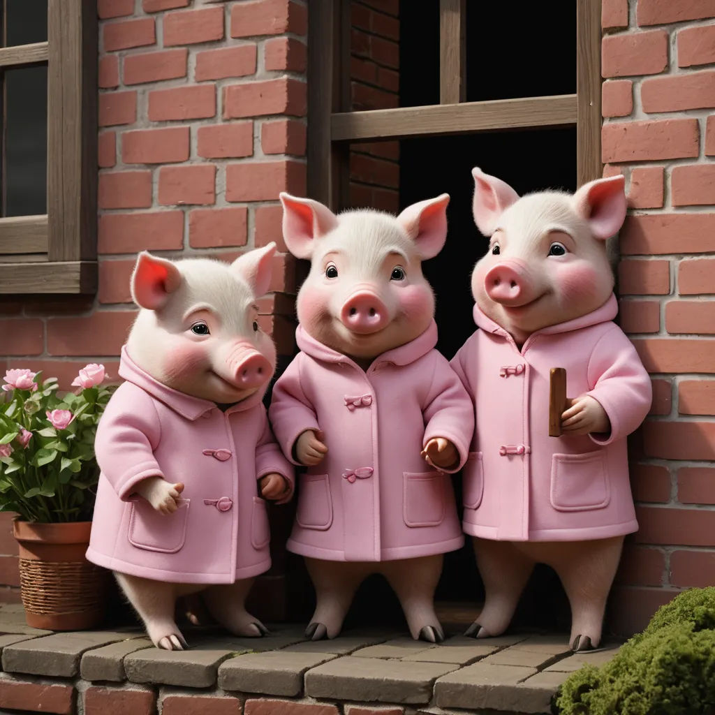 three pigs in pink coats standing on a ledge next to a window with a potted plant in front of them, furry art, a digital rendering, Beatrix Potter, promotional image
