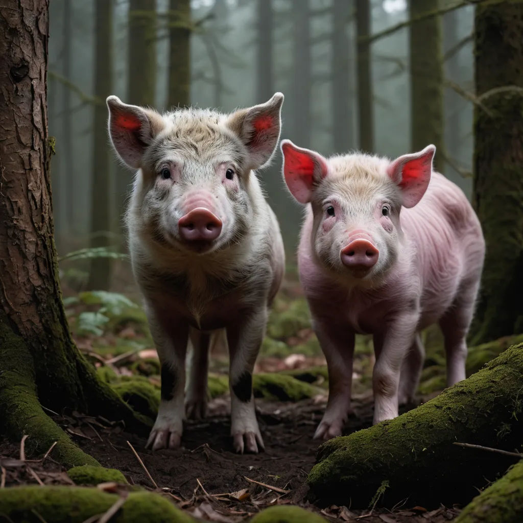 two pigs standing in the woods next to a tree trunk with moss growing on it's sides and looking at the camera, primitivism, a photorealistic painting, David Martin, animal photography
