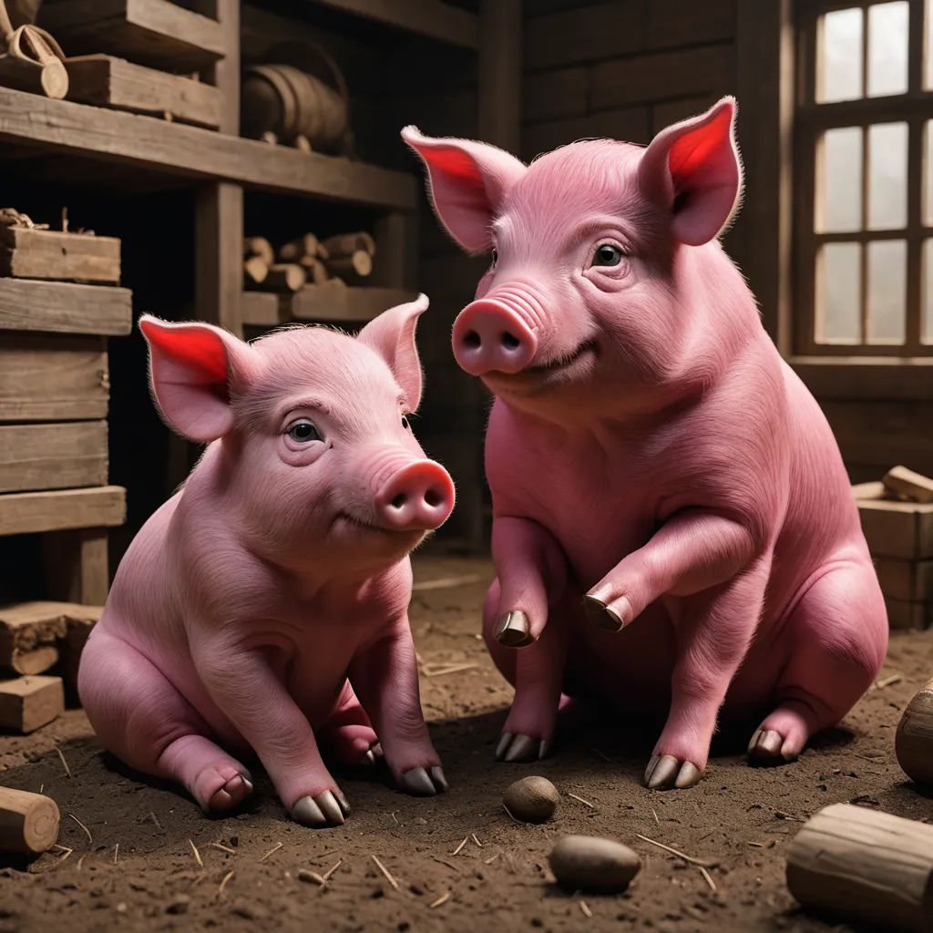 two pink pigs sitting next to each other on a dirt floor next to a pile of wood and logs, photorealism, a photorealistic painting, David Teniers III, weta digital