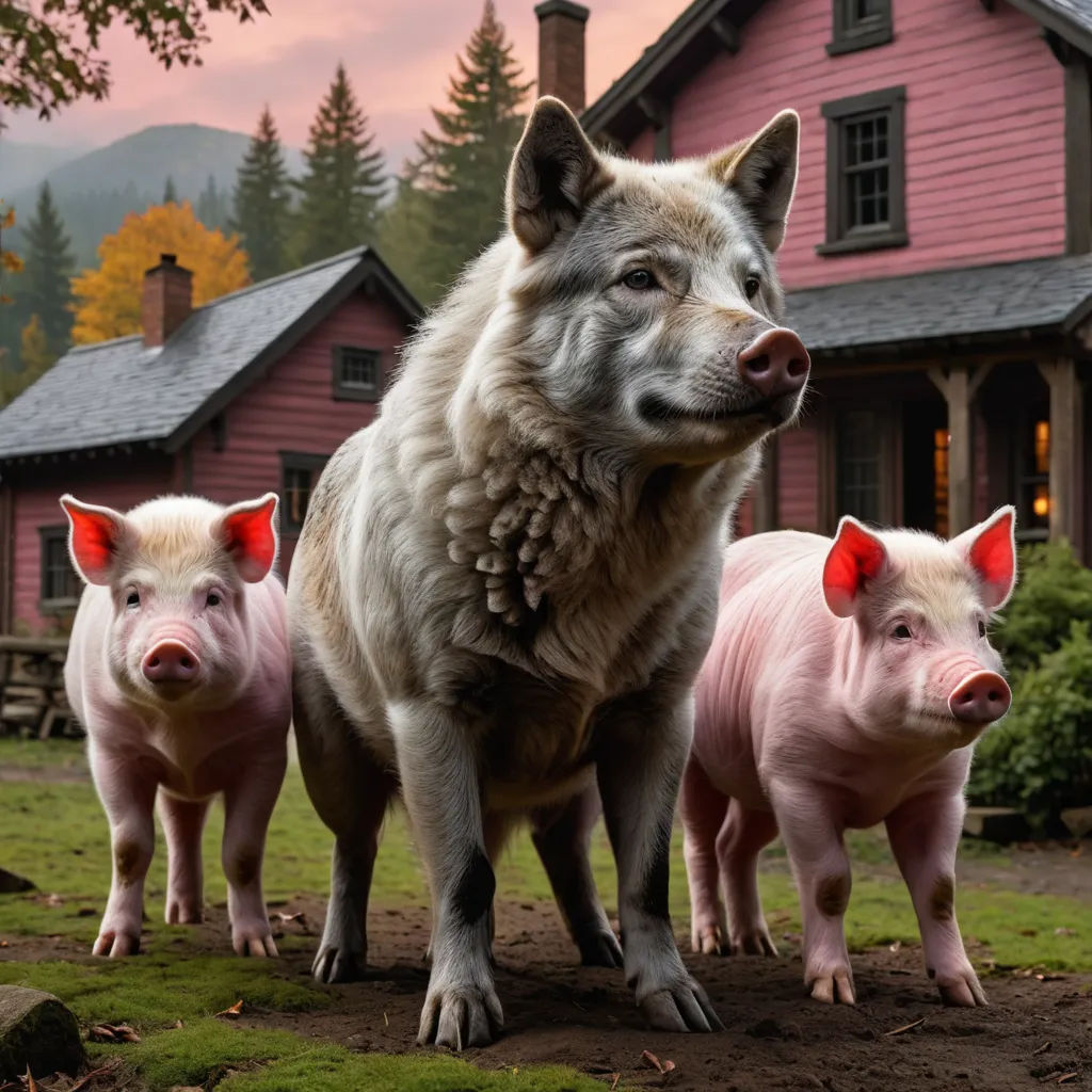 a group of three pigs standing in front of a house with a pink roof and a pink house behind them, magical realism, a storybook illustration, Dirk Crabeth, weta digital