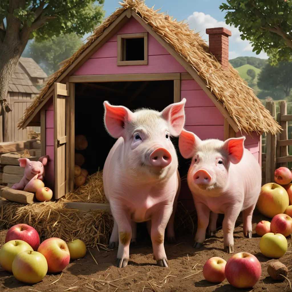 two pigs standing in front of a pink house with straw bales and apples around them and a pink roof, pop surrealism, a storybook illustration, David Young Cameron, weta digital
