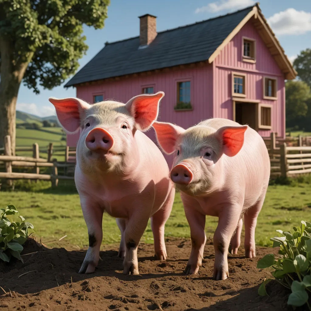 two pigs standing in front of a pink house with a pink roof and two pink ears on their heads, photorealism, a photorealistic painting, Clovis Trouille, award - winning photography
