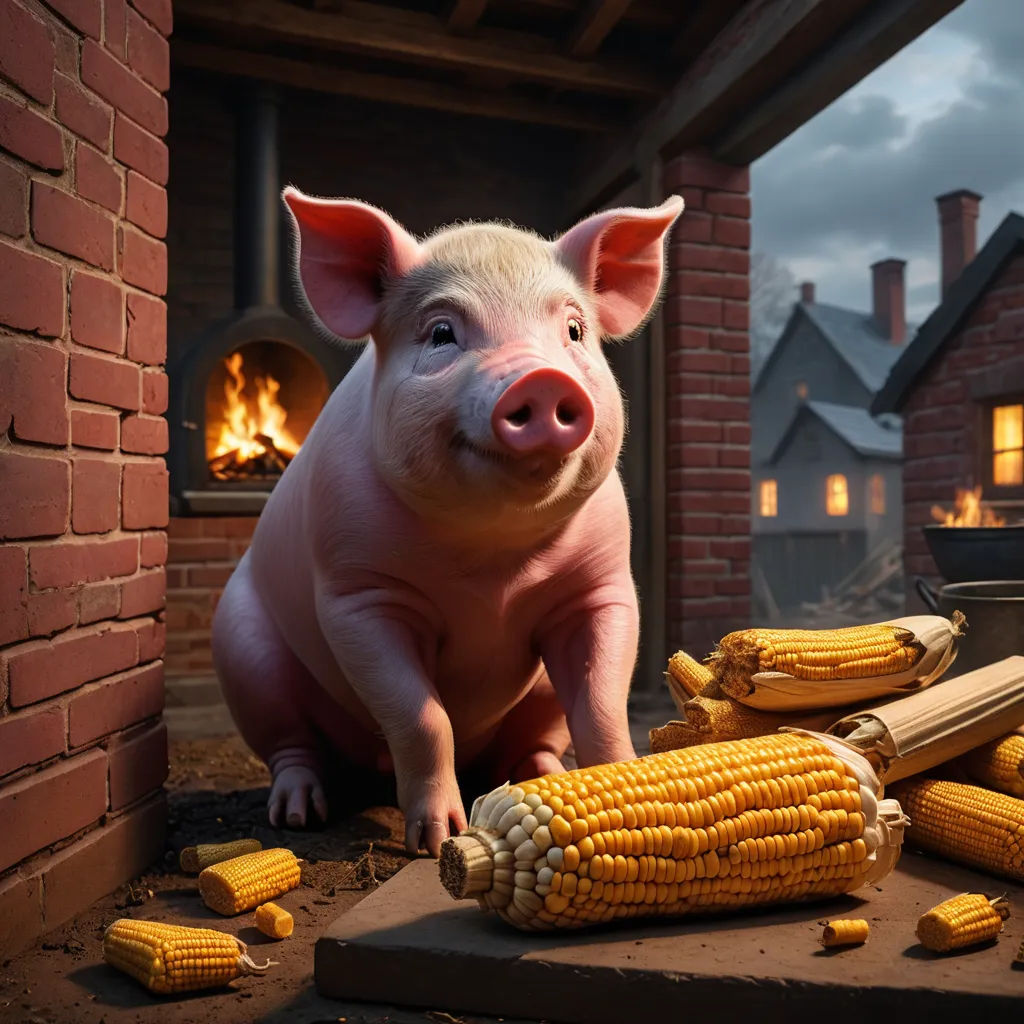 a pig sitting next to a pile of corn on the cob and a brick wall with a fire place in the background, photorealism, a 3D render, Chris LaBrooy, ultra realistic digital art