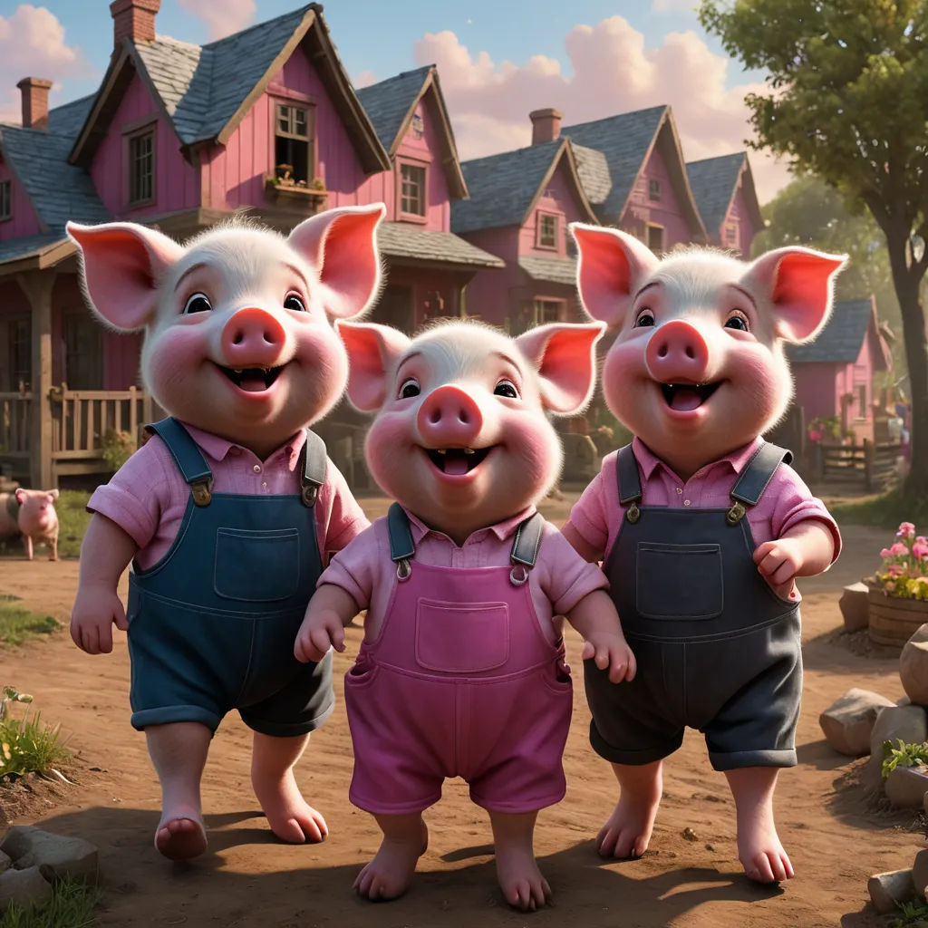 three pigs standing in front of a pink house with a pig in the background and a pig in the foreground, photorealism, a 3D render, Beatrix Potter, promotional image