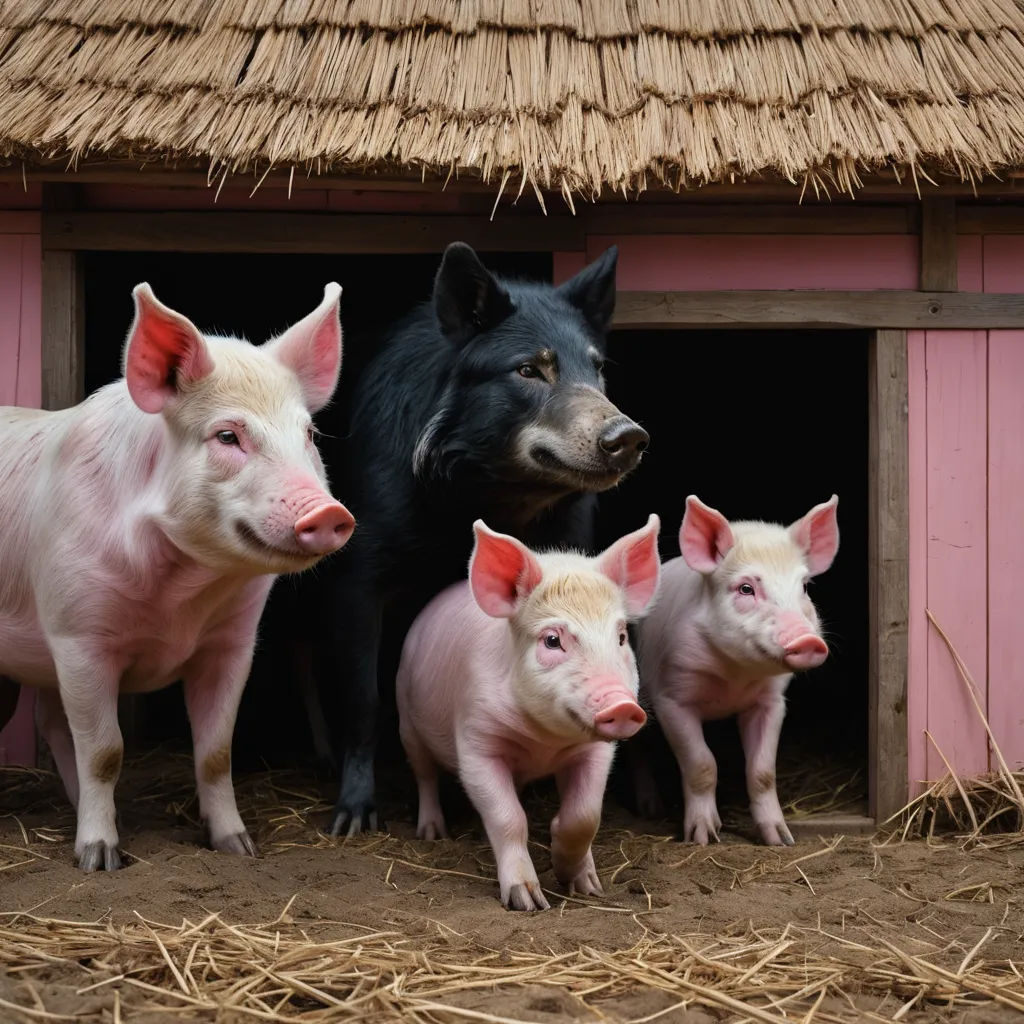 a pig and three pigs standing in a barn with straw roof and straw straw flooring on the ground, institutional critique, a storybook illustration, Caspar Wolf, animal photography