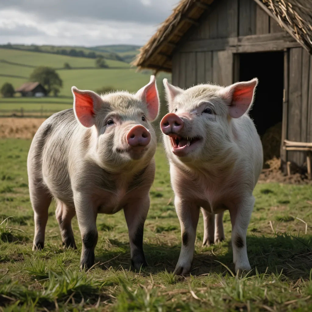 two pigs standing in front of a small hut in a field with a grass field and a small building in the background, incoherents, a stock photo, David Young Cameron, animal photography