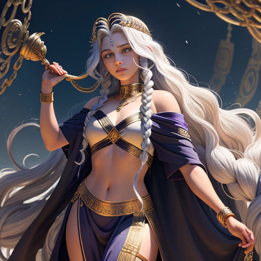 a woman dressed in a costume with a sword and a chain around her neck and a chain around her neck