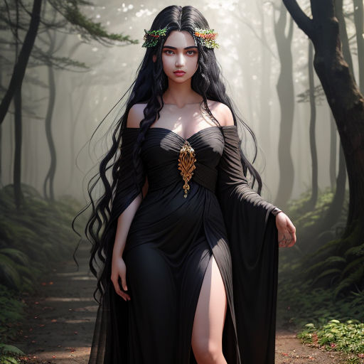 a woman in a black dress standing in a forest with trees and bushes behind her is a long flowing veil and a crown on her head