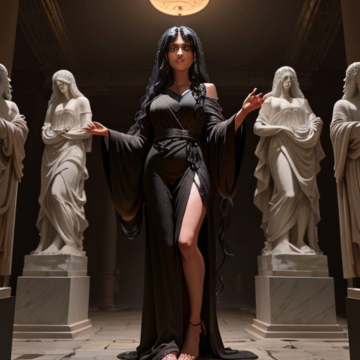 a woman in a black dress standing in front of statues of women in a museum with a light above her head