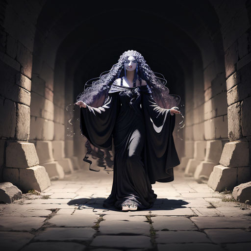 a woman dressed in a black costume is walking through a tunnel with a veil on her head and a veil on her head