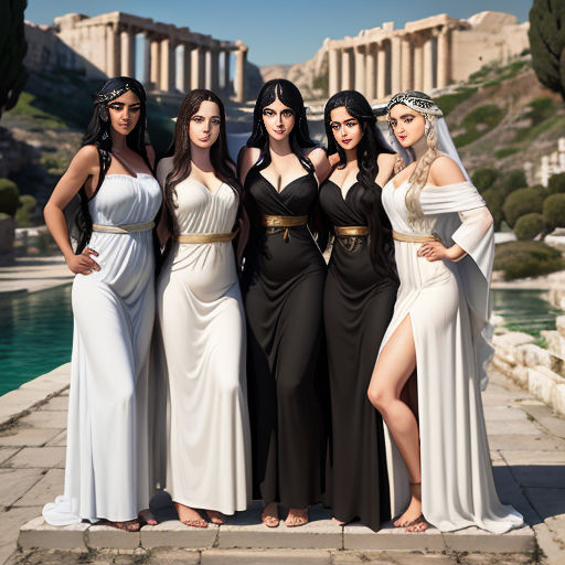 a group of women in dresses standing next to each other in front of a building with a pool and part of the part of the part of the part of the part of the part of the building behind