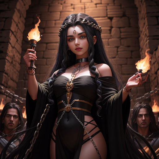 a woman dressed in a black outfit holding torches in her hands and a man in a black outfit behind her