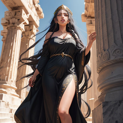 a woman in a black dress standing in front of a column with a gold headpiece and a long black dress