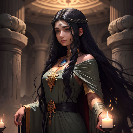 a woman in a green dress holding a candle in her hand and a candle in her other hand, in front of a pillar