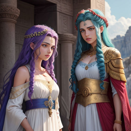 two women in costumes standing next to each other in front of a building with a mountain in the background