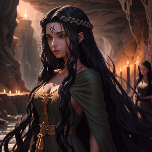 a woman in a green dress with long hair and a crown on her head standing in a cave with candles