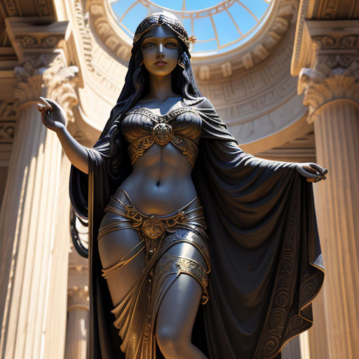 a statue of a woman in a dress with a clock in the background and a skylight above her