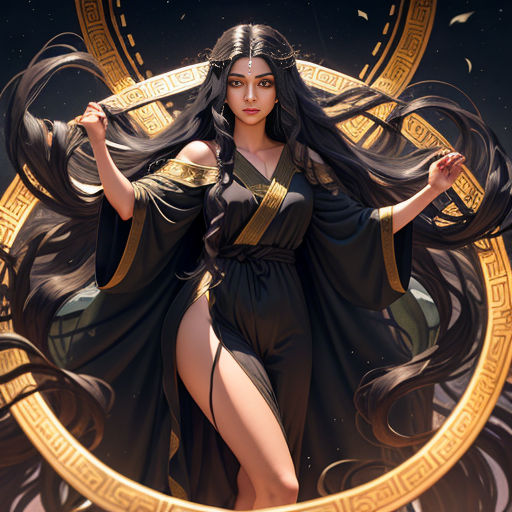 a woman in a black dress with a golden circle around her and a black hair and makeup on her face