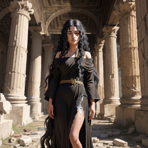 a woman in a black dress standing in a building with columns and columns around her, with a long black hair and a black dress with a slit
