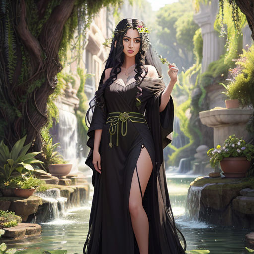 a woman in a black dress standing in a garden with a waterfall and trees in the background, wearing a veil and a crown
