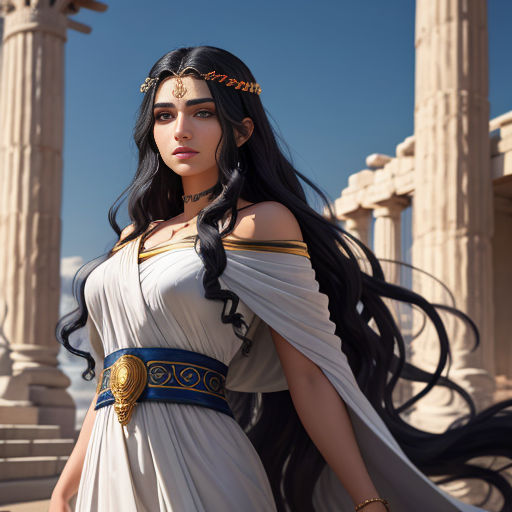 a woman in a white dress with long black hair and a gold headpiece stands in front of a columned building