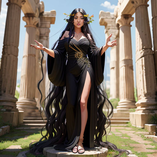 a woman dressed in a black dress with long hair and a crown on her head standing in front of a stone structure