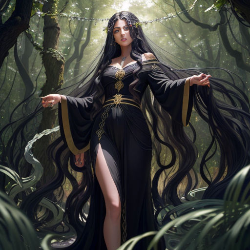 a woman in a black dress standing in a forest with her arms outstretched out and her hands out to her side