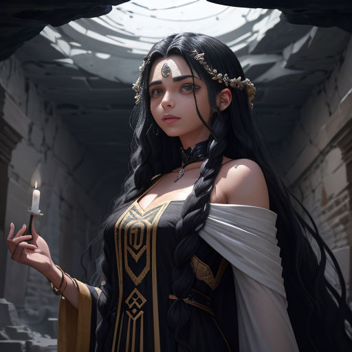 a woman in a black and gold outfit holding a candle in her hand and looking at the camera with a serious look on her face