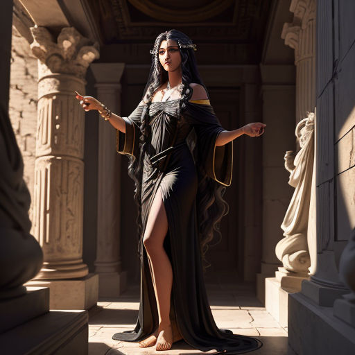 a woman dressed in a black dress and a crown is standing in a doorway with her arms out and her hands out
