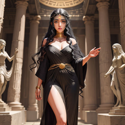 a woman in a black dress with a gold choker and a gold choker around her neck and a gold belt around her waist