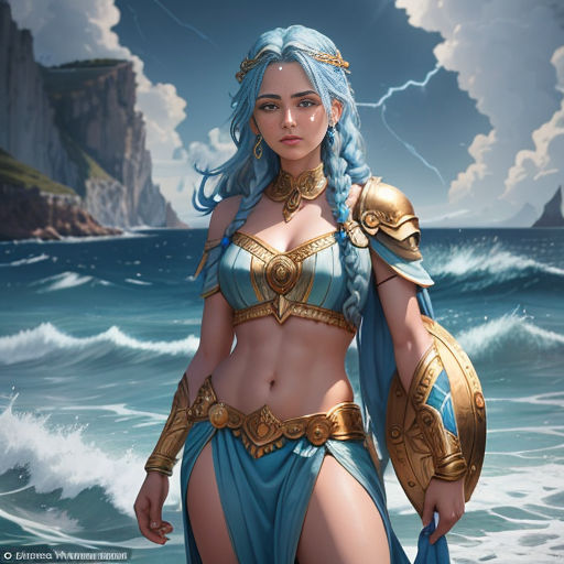 a woman in a blue bikini and gold armor standing in the ocean with a lightning bolt in the background