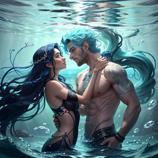 a man and woman in the water with a blue hair and makeup on their faces, and a man with a beard and a woman with a blue hair