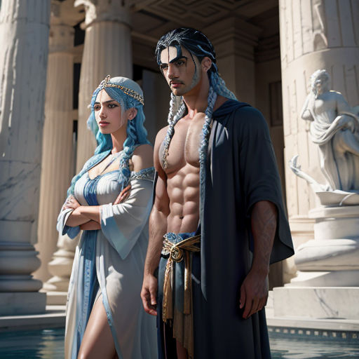 a man and a woman dressed in roman costumes standing in front of a fountain with columns and statues behind them