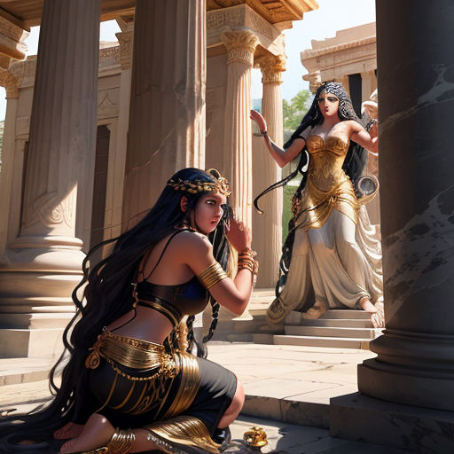 a woman dressed in a costume kneeling down next to a statue of a woman in a costume and a man in a costume