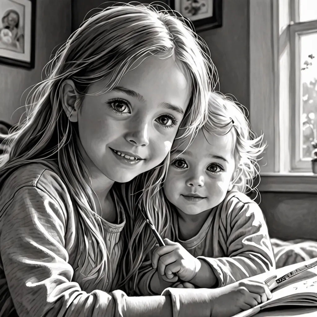 a black and white photo of two children laying on a bed with a book in front of them and a window, photorealism, a photorealistic painting, Bob Byerley, highly detailed digital painting