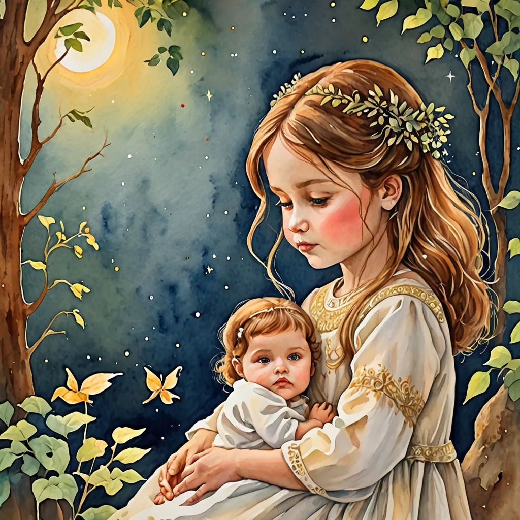 a painting of a little girl holding a baby in her arms in a forest with a full moon in the background, Caroline Lucy Scott, fantasy art, a storybook illustration, storybook illustration